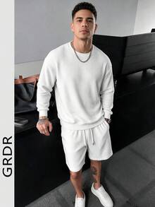 GRDR Men's Waffle Knit Long Sleeve Sweatshirt And Casual Shorts 2 Pieces Set, Loose Fit Crew Neck, Spring/Autumn Sports Outfit - White - View 1