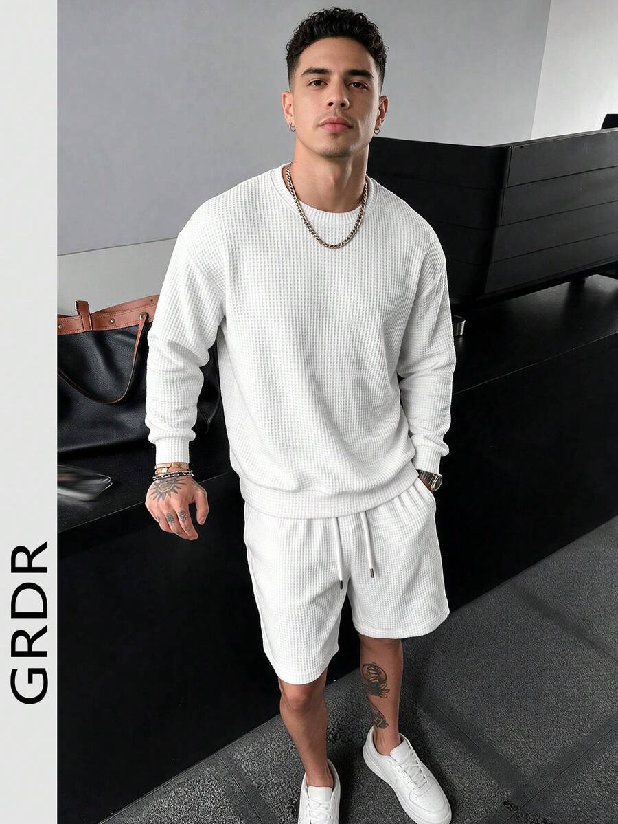 GRDR Men's Waffle Knit Long Sleeve Sweatshirt And Casual Shorts 2 Pieces Set, Loose Fit Crew Neck, Spring/Autumn Sports Outfit - White - View 1