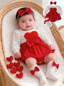 Baby Girl Cute 4-Piece Set: 3D Heart Bubble Long Sleeve Ribbed Top With Red Big Bow 2 In 1 Open-Crotch Skirt Romper + 1 Pair Bow Socks + Matching Red Bow Headband - Red - View 3