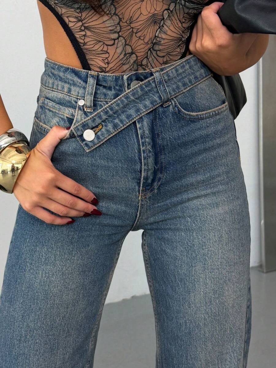 Women's High Waist Cross-Button Wide Leg Jeans - Blue - View 1
