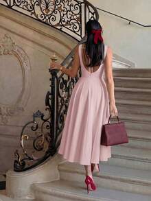 Elegant Casual Minimalist French Style Sleeveless Backless Cinched Waist Flared Dress, Suitable For Campus, Daily, Date, Vacation, Commute, Holiday Party Outfits - Pink - View 5