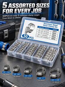 50pcs Stainless Steel Worm Gear Hose Clamps, Adjustable Pipe Clamp Fastener Set, 5 Sizes - American Style Clamp Set - View 7