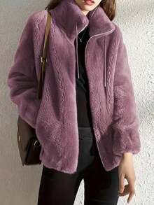Abrigo casual de mujer morado, peludo, con cremallera completa, cuello alto, manga larga, corte regular, con cordón y bolsillos, prenda de abrigo cálida para otoño e invierno - Morado - Ver 5