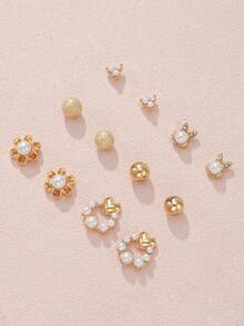 6 Pairs Women's Stud Earrings, Delicate Fashion Rabbit Heart Flower Pattern Combination Earrings, Suitable For Daily Wear, Beach, Vacation, Jewelry Gift For Friends - Yellow Gold - View 2