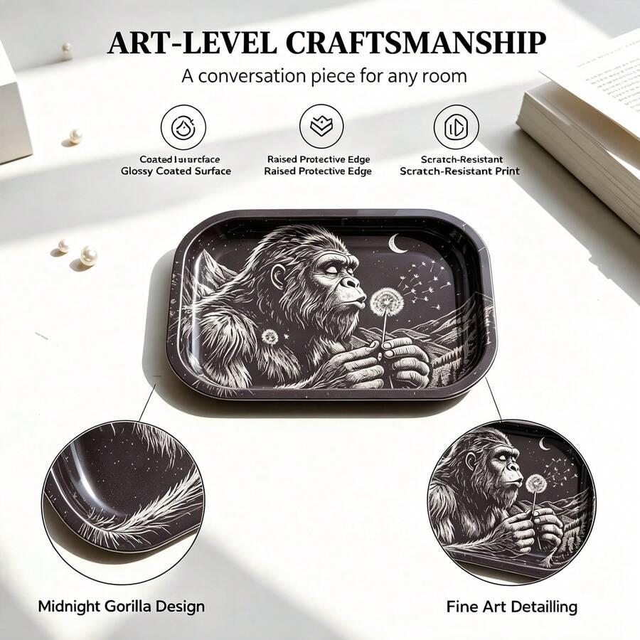 Cabin puff 1pc Black & White Hand-Drawn Gorilla Blowing Dandelion Rolling Tray, Excellent Rolling Tool, Ideal Holiday Gift