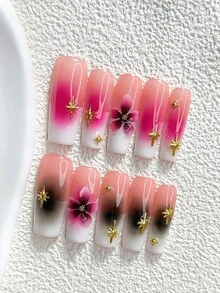 10片/組浪漫漸層亮面手工穿戴甲，Polygel美甲套組，花卉白色與粉色美甲，浪漫甜美風，3種尺寸可選，杏仁/鴨嘴/棺材形，適合派對、跳舞、日常佩戴（手工細節可能有所不同） - 彩色 - 查看 4