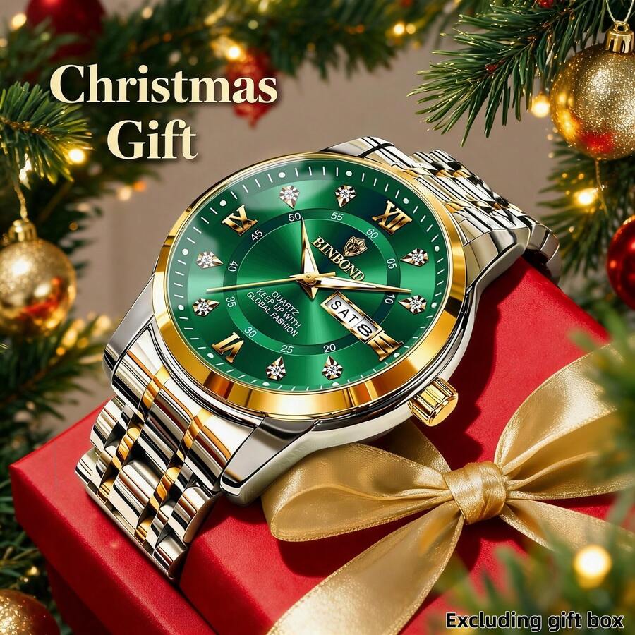 1pc Luxurious Men's Luminous Waterproof Double-Calendar Stainless Steel Quartz Watch, For Daily Wear, Business, Birthday, Gift, Souvenir, Christmas