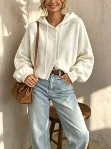 Women's Loose Hooded Drawstring Button Design Sweater, Casual Fashion Top For Autumn/Winter - White - View 2