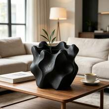 3D Printed Organic Wavy Shaped Flower Pot, Abstract Asymmetrical Textured Matte Black Decorative Planter, Wabi-Sabi Style Indoor Planting Pot, Succulent Green Plant Desktop Ornament, Nordic Home Decor - Abstract Vase - View 2