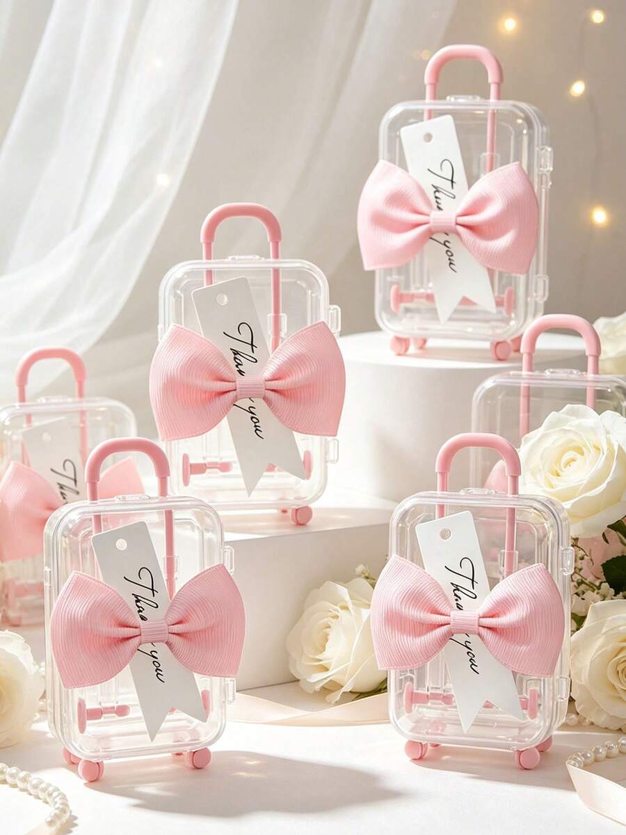 36/18/3pcs Transparent Mini Suitcase-Style Gift Boxes With Pink Bows And "Thank You" Tags, Suitable For Wedding Guest Favors, Table Decor, Centerpieces, Wedding Party Packaging, Afternoon Tea Party Gifts And Holiday Event Packaging - Multicolor - View 1