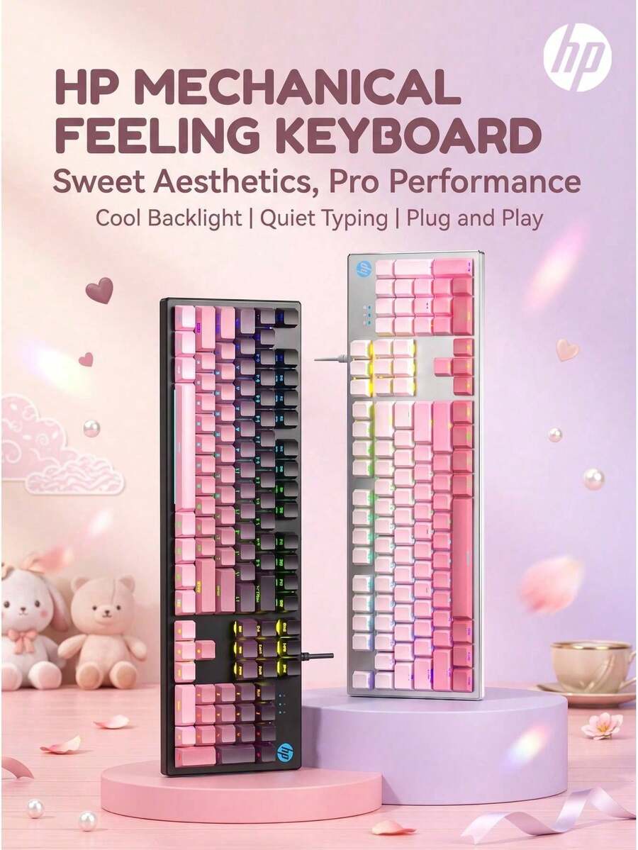 HP Keyboard berkabel K500Y dengan 104 tombol yang dicetak di samping ini meniru nuansa keyboard mekanik sejati, menawarkan pengoperasian yang tenang dan lampu latar yang cerah untuk pekerjaan kantor yang efisien dan permainan yang lancar. - View 1