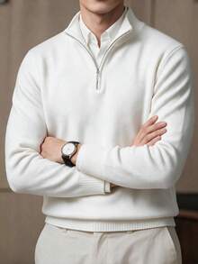 Men's Zipper Vertical Ribbed Knit Sweater, Stand Collar Long Sleeve Suitable For Office And Daily Wear Fashion Casual - White - View 3