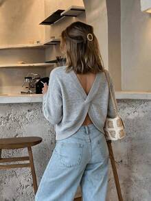 NOVELLE Women's Elegant Casual Grey Autumn/Winter Long Sleeve Knitted Sweater, Back Cross Pullover, Suitable For Dating, Gathering, Daily Commute, Street Outing, Home Wear - Dusty Blue - View 1