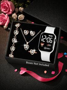 6pcs/Pink Heart-Shaped Full Jewelry Set + Astronaut/Rocket Digital Display Electronic Watch Complete Set, Sweet And Energetic, Versatile For Students And Daily Commute, One Set To Complete Your Outfit Accessories. Suitable For Parties, Dates, Outings And Various Holidays - Multicolor - View 16