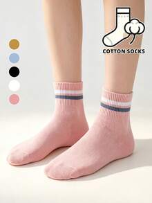 1/5 Pairs Women's Casual Boat Socks, Classic Striped Cuff Solid Color Soft Breathable Socks, Daily Campus Style Socks - Multicolor - View 3