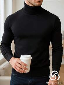 Men's Autumn/Winter Fashion Casual 12-Gauge Slim Fit Regular Shoulder High Neck Wool Blend Long Sleeve Sweater - Black - View 3