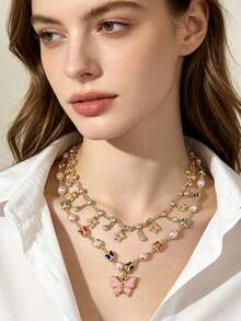 Pentagram Rhinestone Pink Butterfly Pendant Pearl Crystal Necklace Niche Sweet Style Collarbone Chain Women's Jewelry Suitable For Christmas Holiday Wear Also Can Be Given As Christmas Gift To Friends Or Family (Pattern And Color Random) - Multicolor - View 3