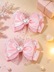 2pcs Pink Heart-Shaped Bow Hair Clips, Pink Mesh Bow Alligator Clips, Glitter Hair Clips For Daily Wear And Kids - Pink - View 1