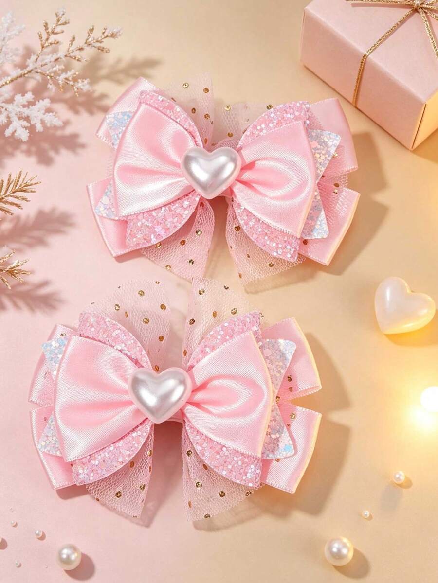 2pcs Pink Heart-Shaped Bow Hair Clips, Pink Mesh Bow Alligator Clips, Glitter Hair Clips For Daily Wear And Kids - Pink - View 1