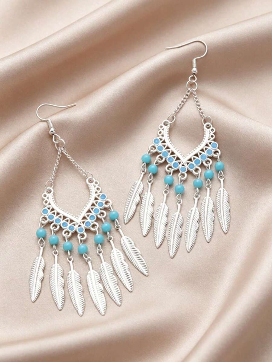 1 Pair Bohemian Vintage Water Drop Rhombus Hollow Feather Tassel Exaggerated Long Pendant Earrings, Personalized Style, Suitable For Daily Commute, Party, Gift - Tassel - View 1
