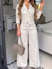 LUNNELUX Women Fall 2 Pieces Suit Set, Lapel Long Sleeve Double Breasted Blazer & High Waist Wide Leg Trousers Office Daily Outfit With Side Pockets - Beige - View 8