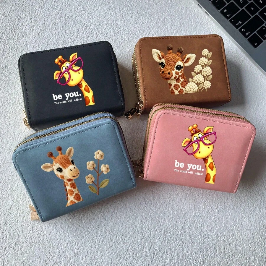 Giraffe Phone Print Card Holder, Lightweight Fashionable Women's Wallet, Suitable For Daily Use, Double Zipper Mini Wallet/Coin Purse/Card Holder - Multicolor - View 1