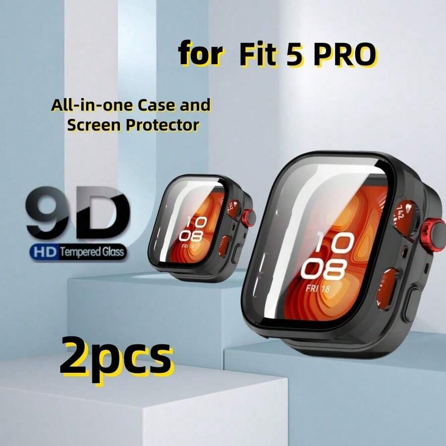 2pcs Ivory White Fit 5pro Smartwatch Tempered Glass Integrated Protective Case & Film