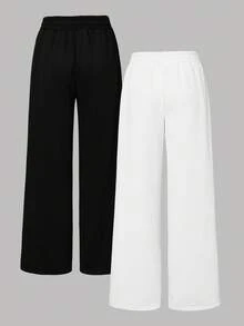 2pcs/Set Autumn/Winter Girls Fashion Casual Side Lace Trim Bow Print Wide Leg Long Pants - Black and White - View 2