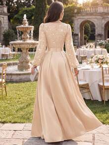 MIUSOL Glitter Floral Lace Contrast Satin Lantern Sleeve Modest Formal Party Maxi Dress,For Wedding Guest,Graduation,Dinner - Champagne - View 3