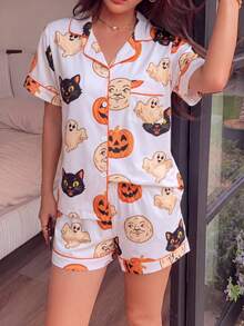 2pcs Women's Pumpkin Soft Cute Ghost Black Cat Vintage Moon Print Short Sleeve Pajama Set, Summer New Lapel Cardigan Top And Shorts Two Pieces Set, Soft Skin-Friendly Breathable Lightweight Home Wear, Can Be Worn Out, Daily Casual Loose Fit, Suitable For All Body Types, Multiple Sizes Available, Sweet Youthful Style, Versatile And Timeless, Must-Have Comfortable Pajama Set For Girls, Balances Fashion And Comfort, Suitable For Various Home Scenes - White - View 5