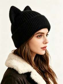 Pc Women Cute Cat Ear Knit Beanie Hat, Soft Plush Ribbed Cuffed Beanie, Solid Warm Winter Hat For Daily Wear - Cat Ear Knitted Hat - View 3