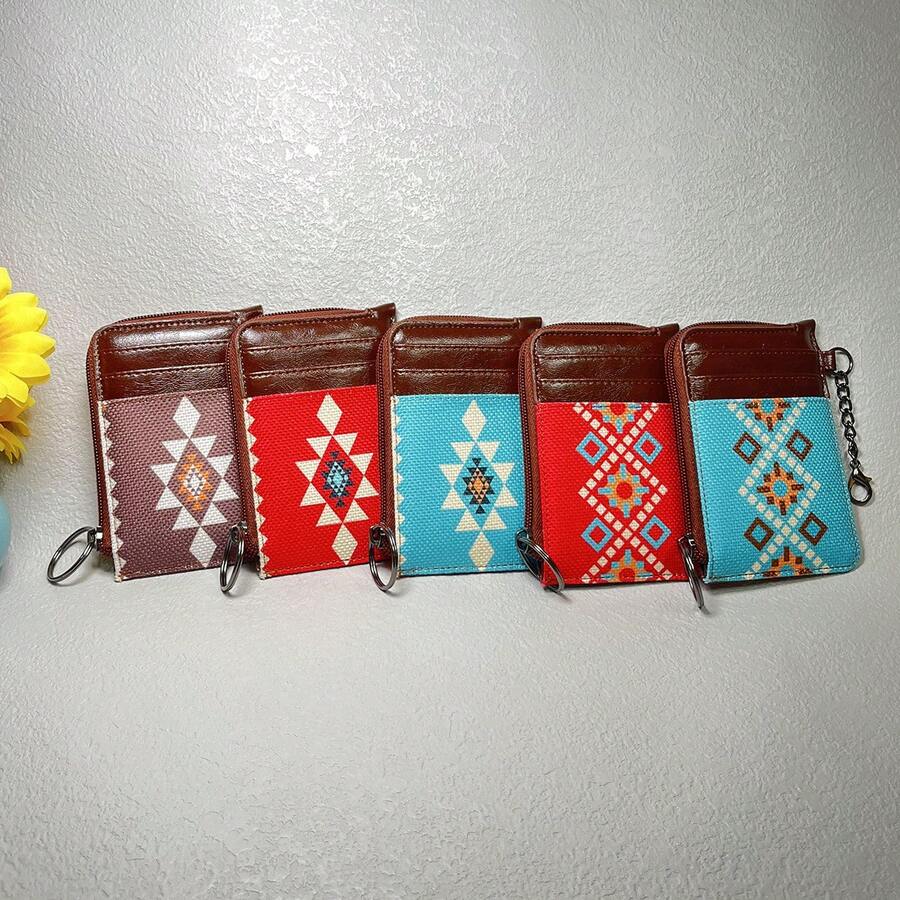 Mini Retro Geometric Pattern Short Wallet, Clutch Bohemian Style Coin Purse, Women's Credit Card Case - Multicolor - View 1