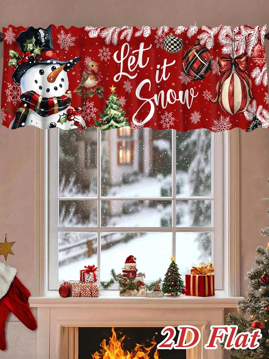 1pc Christmas Kitchen Curtain Valance, Rod Pocket Design, Snowman, Bird, Christmas Ball Decor, 55.12*17.72 Inches, Suitable For Living Room, Bedroom, Kitchen And Bathroom, Christmas Decoration Gift - Multicolor - View 1