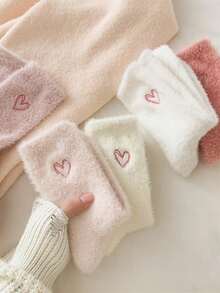 4 Pairs Women's Plush Mid-Calf Socks, Heart Pattern Warm Socks, Soft And Comfortable, Suitable For Autumn/Winter, Random Color - Multicolor - View 3