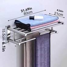 1pc 50cm Thickened 304 Stainless Steel Hotel Home Bathroom Towel Rack, Bath Towel Holder, Bathroom Towel Storage Rack, Drill-Free And Drill-Mount Dual-Use Bathroom Hardware Wall-Mounted Toilet Towel Rack, Double-Layer Bathroom Towel Rack With Hooks, Suitable For Bathroom Storage Organizer. Rust-Proof SUS304 Stainless Steel Towel Rack, Wall-Mounted Double-Layer Towel Rack, Suitable For Shower Room Bathroom. Double-Layer Bathroom Towel Rack With Storage Shelf - Silver - View 14