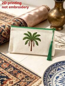 Tas Kosmetik Kanvas Beige dengan Resleting, Dicetak dengan Motif Pohon Kelapa, Dilengkapi Rumbai, Dapat Digunakan Sebagai Tas Perlengkapan Mandi, Tas Penyimpanan Perjalanan, Tas Alat Tulis - MultiWarna - View 3