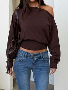 GLAMSKIN Fall Winter Women Off Shoulder Long Sleeve Knit Sweater,Slash Neck Cropped Pullover, Loose Drop Shoulder Ribbed Hem Casual Slim Crop Top - Brown - View 1