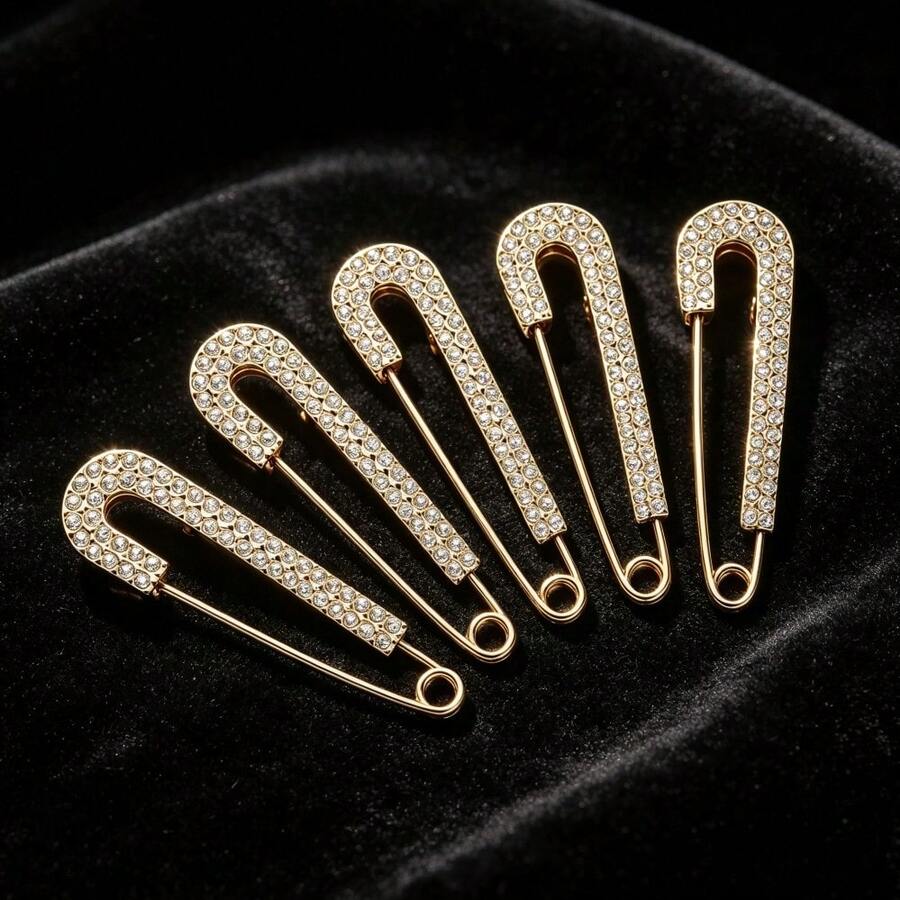 5Pcs Gold Rhinestone Safety Pin Brooches, Faux Crystal Decorative Pins For Women Shirt Dress Collar Hat Accessories - Gold - View 1