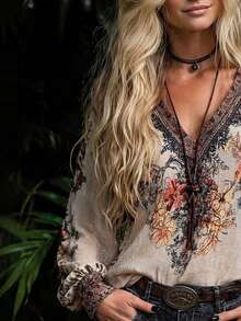 Women's Bohemian Print V-Neck Long Sleeve Blouse, Regular Fit Woven Fabric, Suitable For Autumn Wear Vacation - Light Khaki - View 4