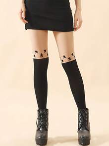 1 Pasang Celana Ketat Gaya Korea Motif Bintang Digital Model Tinggi Selutut Warna Hitam & Krem - Hitam - View 2