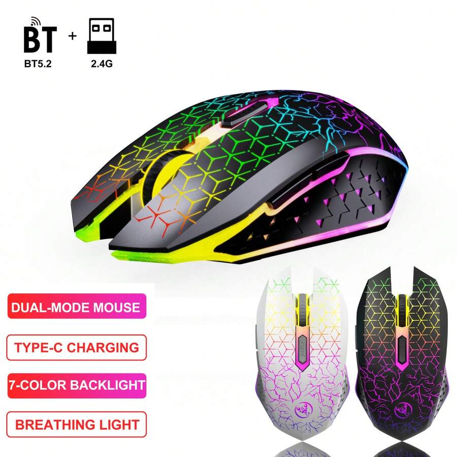 HXSJ Dual-Mode Wireless Mouse With Colorful Backlight, Rechargeable 2.4G Optical Mouse, Silent Left/Right Buttons, Plug-And-Play Computer Peripheral Accessory For Home And Office Use - View 1