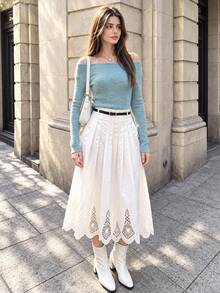 Women Fall Elegant Off Shoulder Long Sleeve Slim Knit Top, Off Shoulder Neck Lantern Long Sleeve Knit Blouse, Fall Daily Holiday Tops - Baby Blue - View 2