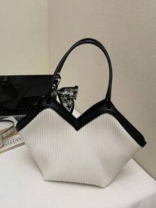Shoulder Bag, Vertical Striped Body With Contrast Color Trim, Handheld Long Strap Design, Decorated With Silk Scarf Bow, Spacious Interior, Unique And Minimalist Style, Versatile For Commuting And Travel - White - View 4