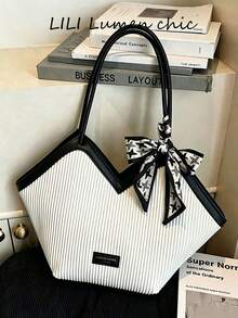 Shoulder Bag, Vertical Striped Body With Contrast Color Trim, Handheld Long Strap Design, Decorated With Silk Scarf Bow, Spacious Interior, Unique And Minimalist Style, Versatile For Commuting And Travel - White - View 8