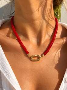 2/1pc Vintage Elegant Fashion Bohemian Style Chunky Red Layered Turquoise Color Gradient Resin Acrylic Beaded Necklace Set, Personalized Minimalist Y2K High-End Collarbone Necklace, Suitable For Women Autumn/Winter Daily Wear, Dating, Vacation, Party, Birthday, Best Friend Gift, Versatile All Year Round - Multicolor - View 3