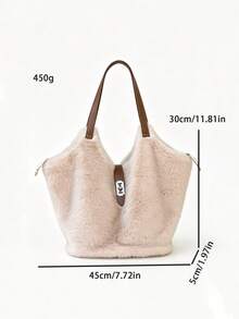Women Shoulder Handbag,Large Tote Bag,Solid Color,Faux Fur,PU Leather Handle & Metal Twist Lock,Large Capacity,Soft Casual Style,Autumn Daily Commute - Apricot - View 10