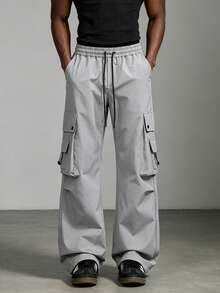 1pc Men's Light Gray Multi-Pocket Drawstring Wide Leg Casual Sports Pants, American Street Style Cargo Long Pants For Daily Wear And Commute - Light Grey - View 4