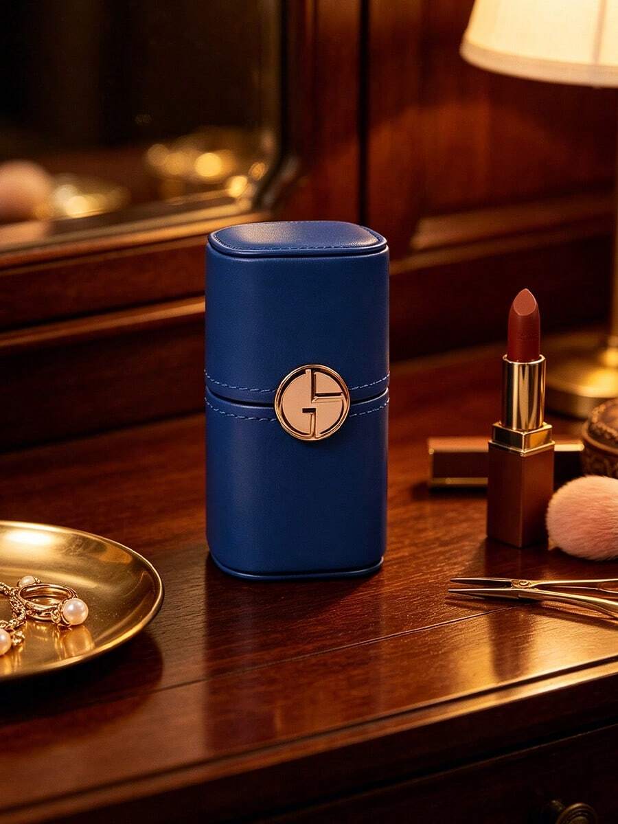 3‑Colors Available Faux‑Leather Flip‑Top Square Cosmetic Storage Box Magnetic Metal Logo Buckle Double‑Layer Organizer For Lipstick Makeup Brush Small Jewelry Desktop Travel Holiday Gift Armani - Navy Blue - View 1