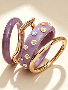 4pcs 3D Flower Resin Bracelets, Gold Irregular Round Ring Stackable Set, Fresh Sweet Fashionable Hand Jewelry, Suitable For Various Occasions - Bracelet - View 3
