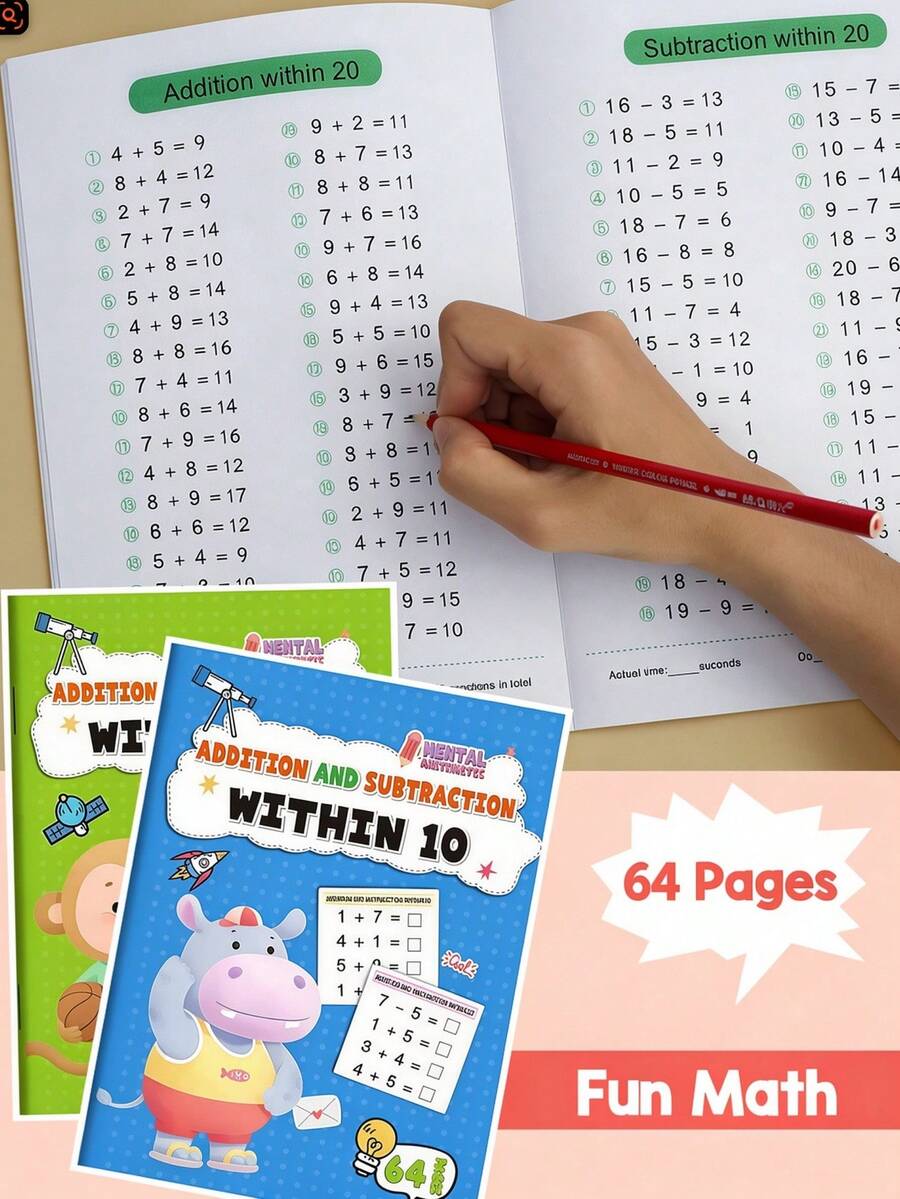 1pc 64-Page Addition And Subtraction Practice Book, 10-100 Mental Math Workbook For Kids, Kindergarten Early Education Home Learning Supplies, Halloween Decor, Christmas Gift, Random Style